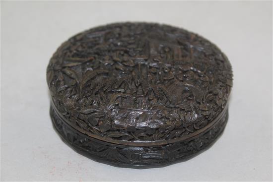 A Chinese export tortoiseshell circular snuff box, 19th century, 9.7cm, restorations